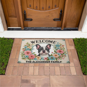 Paillasson French Bulldog Home Sweet, Floral encadré Bienvenu