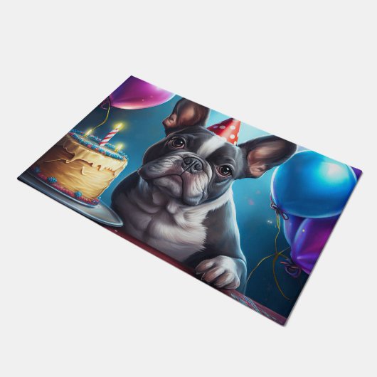 Paillasson Frenchie Birthday Bash : Un mignon Bulldog françai (Incliné)