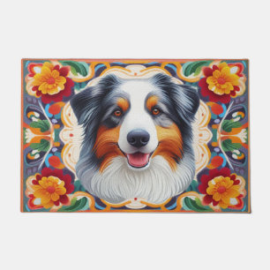 Paillasson Frontière colorée fleurie du chien berger australi