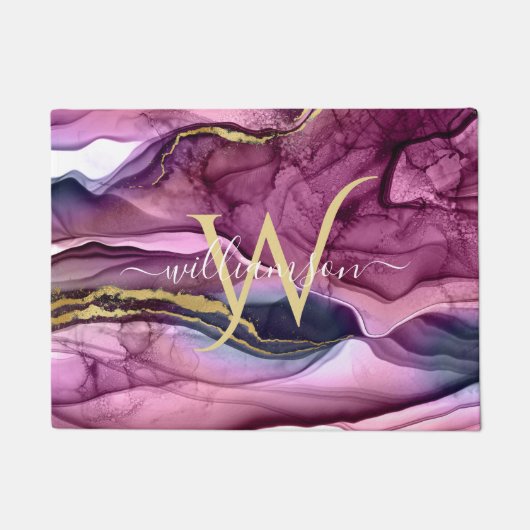 Paillasson Géode d'agate violet magenta rose et or Monogramme (Devant)