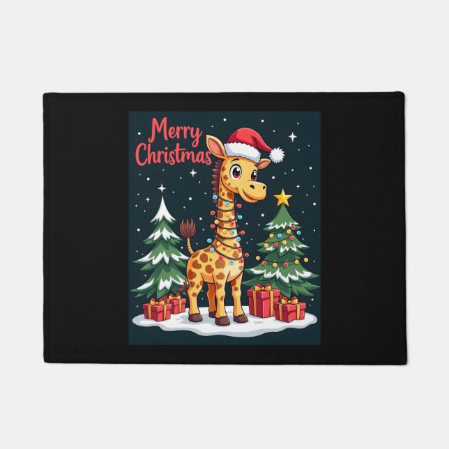 Paillasson Giraffe Joyeux sapin de Noël Éclairage Père Noël G (Devant)