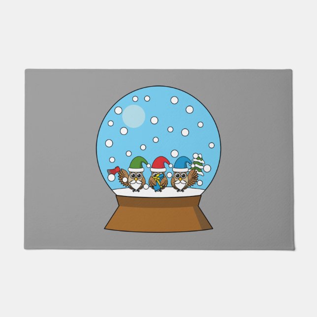 Paillasson Globe des neiges avec trois Chouettes Gnomes (Devant)