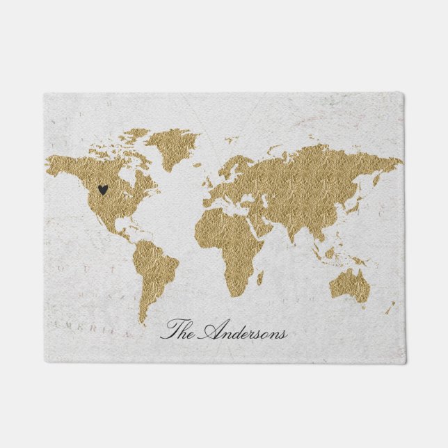 Paillasson Gold Foil World Map Custom Moveable Heart Location (Devant)