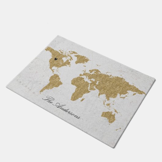 Paillasson Gold Foil World Map Custom Moveable Heart Location (Incliné)