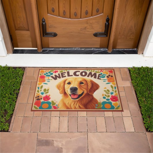 Paillasson Golden Retriever Chien Bienvenue Bordure colorée (De plein air)