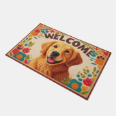 Paillasson Golden Retriever Chien Bienvenue Bordure colorée (Incliné)