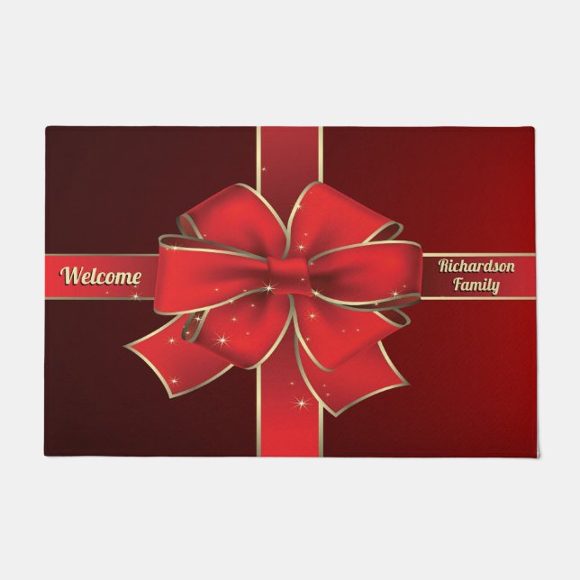Paillasson Grand monogramme rouge de ruban de vacances d'arc (Devant)
