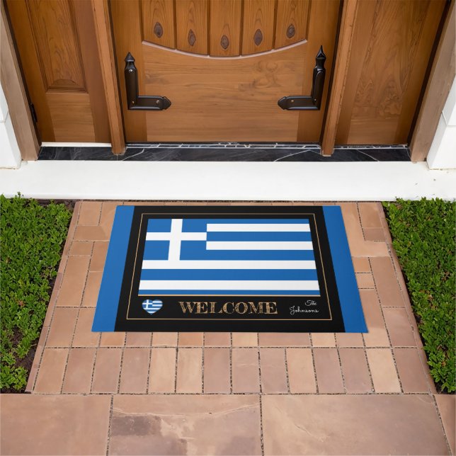 Paillasson Grèce & Grèce Drapeau maison mats / sports Bienven (De plein air)