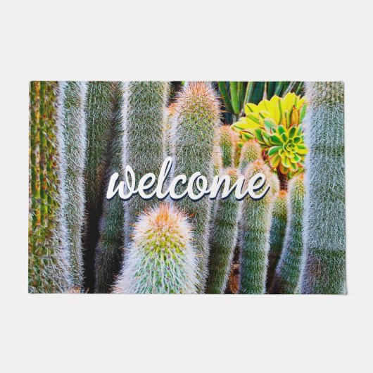 Paillasson Green Fuzzy Cactus Gros plan Photo Welcome Script (Devant)