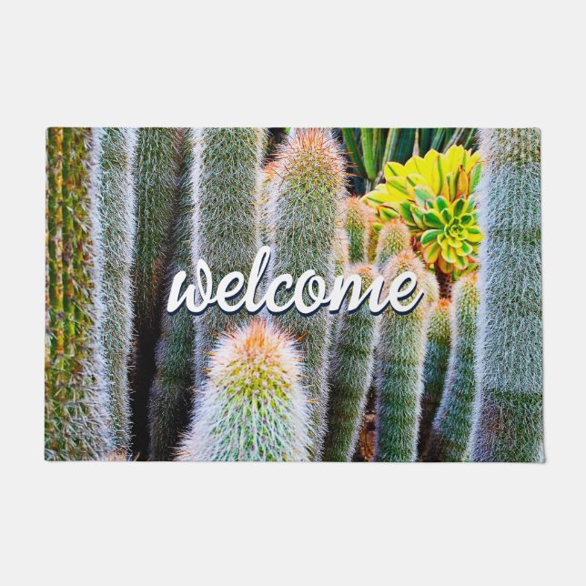 Paillasson Green Fuzzy Cactus Gros plan Photo Welcome Script (Devant)