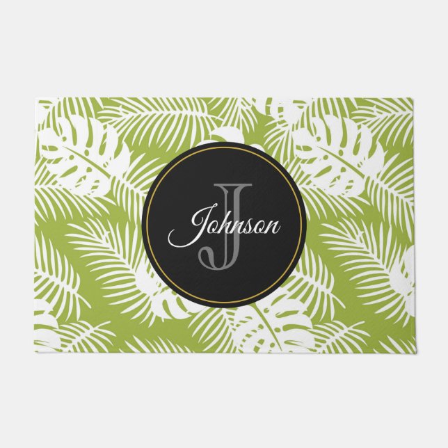 Paillasson Green Palm Feuille Rainforest Motif Monogram (Devant)