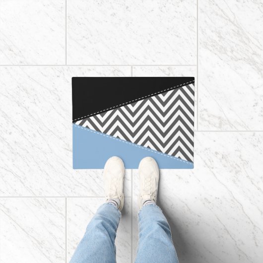 Paillasson Gris Zigzag, Gris Chevron, Motif Zigzag, Bleu (Intérieur)