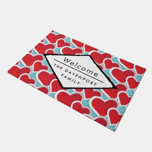 Paillasson Gros Coeurs rouges Répéter Motif mignon Bienvenue (Incliné)