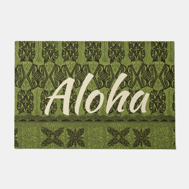 Paillasson Haena Beach Hawaii Tapa primitif Aloha Olive (Devant)