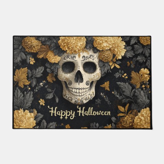 Paillasson Halloween Bone White Skull with Golden Marigolds (Devant)