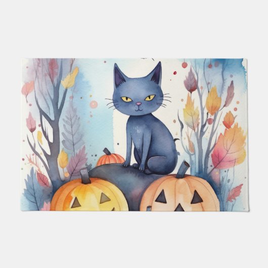 Paillasson Halloween Chat Bleu Oriental Avec Peur Citrouille (Devant)