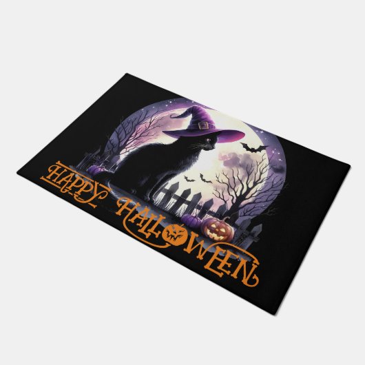 Paillasson Halloween Chat Noir sorcière et chauves-souris (Incliné)