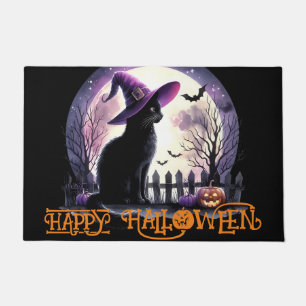 Paillasson Halloween Chat Noir sorcière et chauves-souris