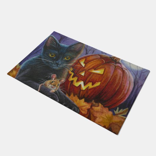 Paillasson Halloween Chat & Souris No 2. Aquarelle Art Domat (Incliné)