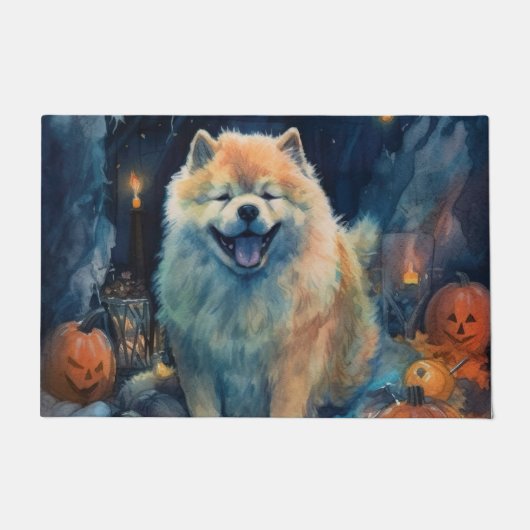 Paillasson Halloween Chow Chow Avec La Peur Citrouille (Devant)
