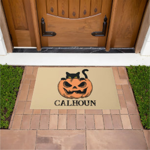 Paillasson Halloween Citrouille et chat noir Personnalisé