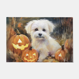 Paillasson Halloween Coton De Tulear avec citrouilles effraya