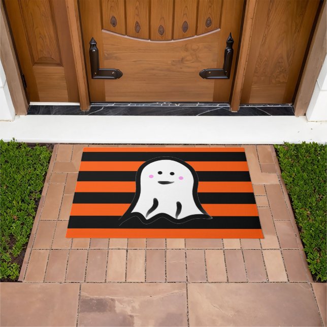 Paillasson Halloween Ghost on Black and Orange Stripes  (De plein air)