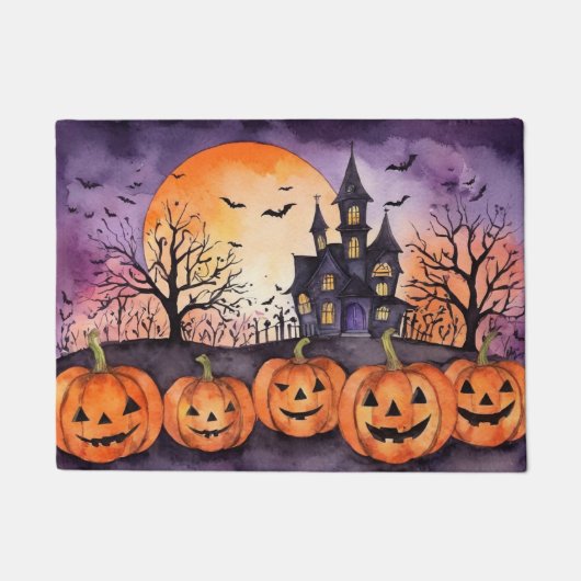 Paillasson Halloween moderne Orange Citrouille Haunted House  (Devant)