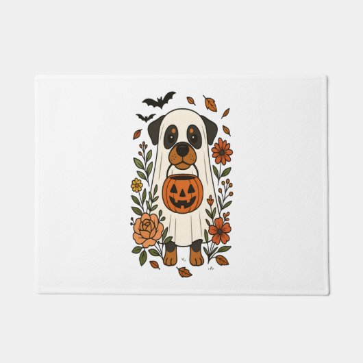 Paillasson Halloween Rottweiler avec Fleurs (Devant)