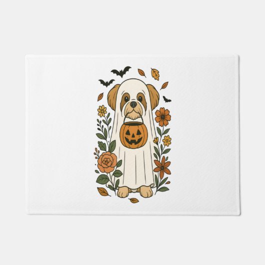Paillasson Halloween Shih Tzu avec des fleurs d'automne (Devant)