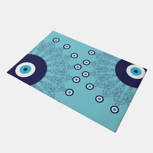 Paillasson Hamptons Côtier Méditerranée Bleu Mal Oeil Imprime (Incliné)