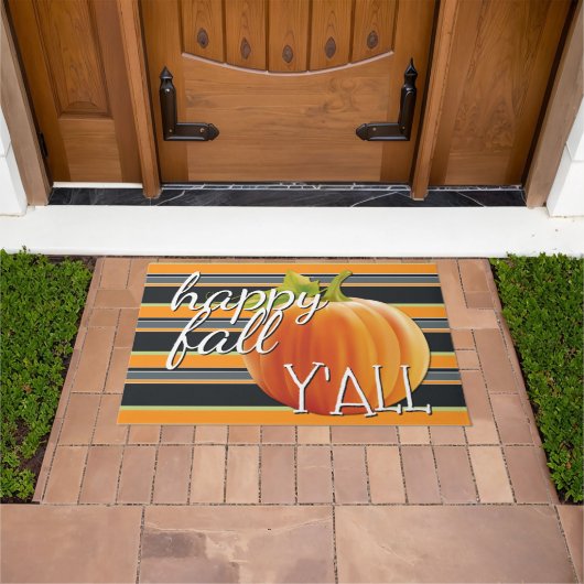 Paillasson Happy Fall Yall Citrouille Sur Vibrant Stripes Mot (De plein air)