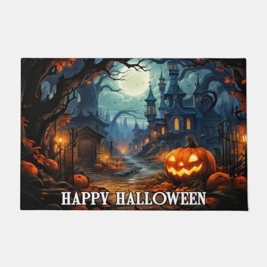 Paillasson Happy Halloween - Éffrayant Citrouille d'éclairage (Devant)