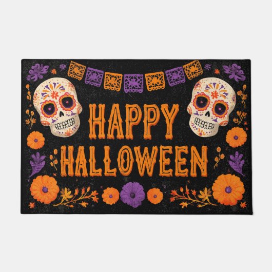 Paillasson Happy Halloween Gold Sugar Skull with Marigolds (Devant)