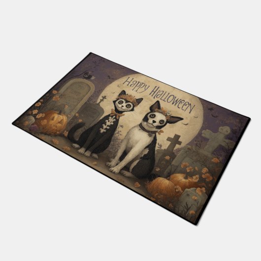 Paillasson Happy Halloween Skeleton Cat and Dog in Graveyard (Incliné)