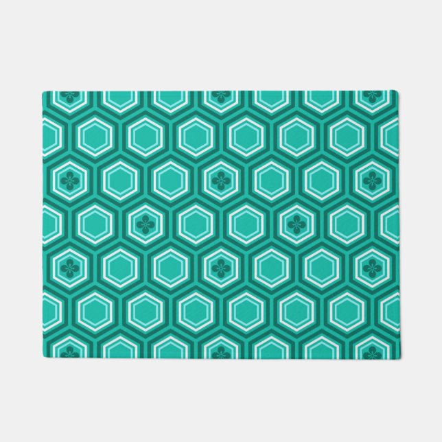 Paillasson Hexagonal Kimono Imprimer, Turquoise, Aqua et Blan (Devant)