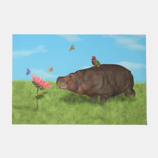 Paillasson Hippopotame heureux, fleur, papillons (Devant)