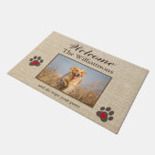 Paillasson Humour Chien Photo Custom Burlap Texture Bienvenue (Incliné)