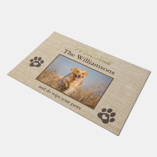 Paillasson Humour Chien Photo Custom Burlap Texture Bienvenue (Incliné)