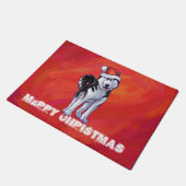 Paillasson Husky à Santa Hat Sur Rouge (Incliné)