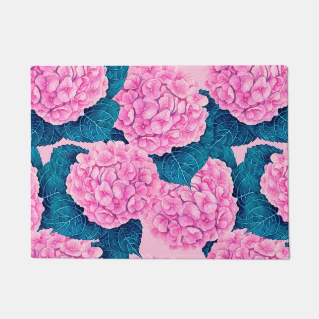 Paillasson Hydrangea aquarelle motif, rose et bleu (Devant)