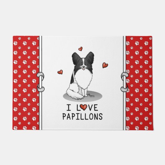 Paillasson I Love Papillons (blanc & noir) Coeurs Chiens mign (Devant)