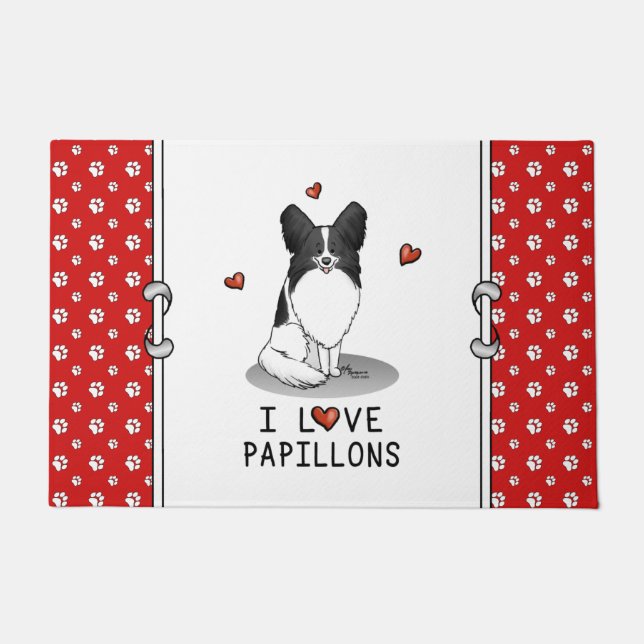 Paillasson I Love Papillons (blanc & noir) Coeurs Chiens mign (Devant)