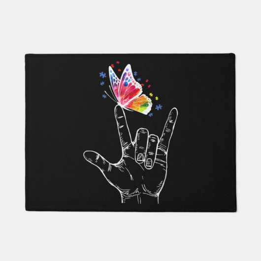 Paillasson I Love You Hand Sign Language Butterfly Autism (Devant)