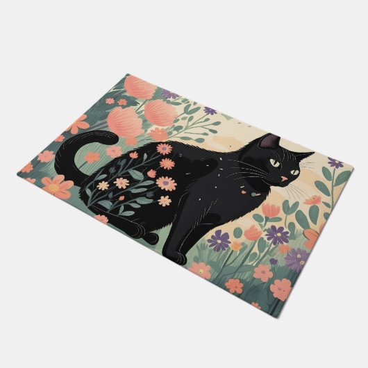 Paillasson Illustration de chat noir dans un champ de fleurs (Incliné)