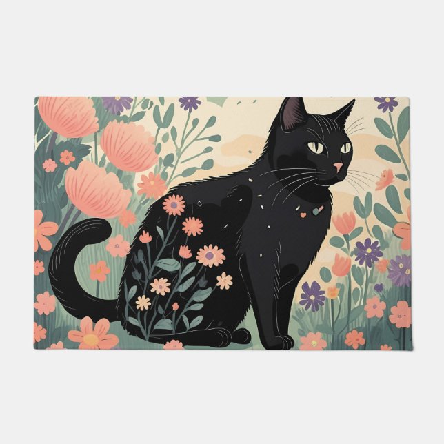Paillasson Illustration de chat noir dans un champ de fleurs (Devant)