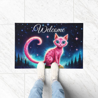 Paillasson Imaginaire chat rose dans la forêt de nuit étoilée