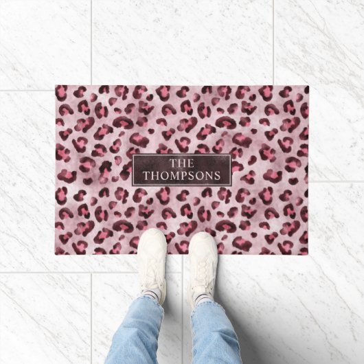 Paillasson Impression d'animal léopard rose avec faux feuille (Intérieur)