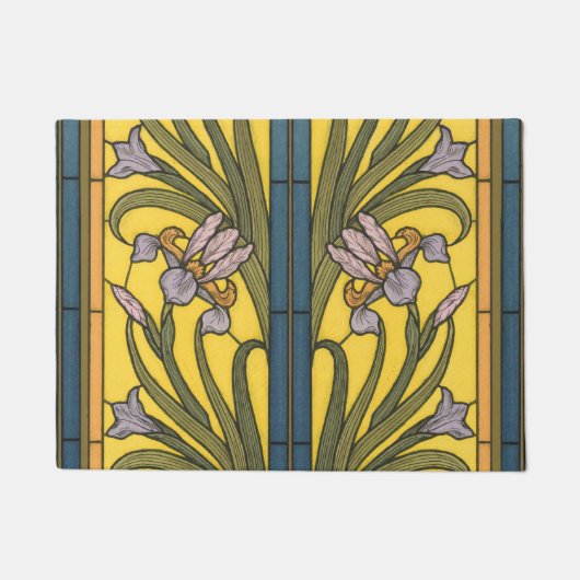 Paillasson Iris Fleur Art Nouveau Vitrail Bleu Or (Devant)