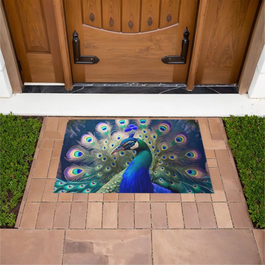 Paillasson Joli paon avec plumage turquoise et or (De plein air)